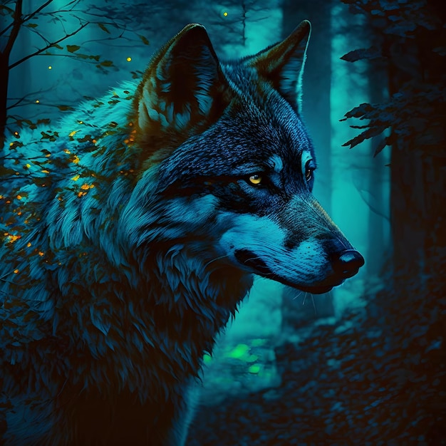 Uma pintura de um lobo com olhos azuis e olhos amarelos.