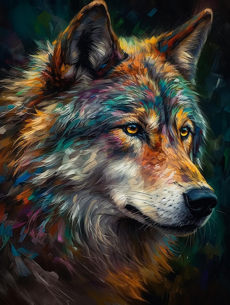 Foto uma pintura de um lobo com um fundo preto.