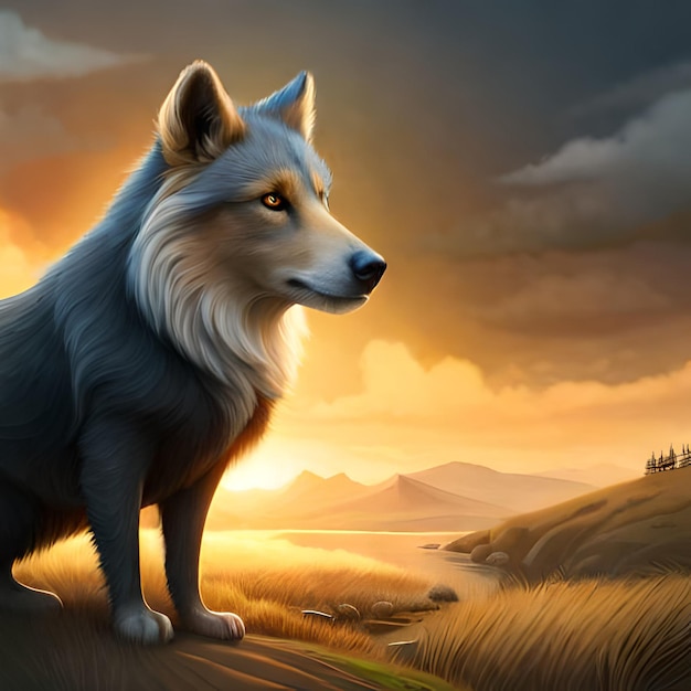 Uma pintura de um lobo com um pôr do sol ao fundo