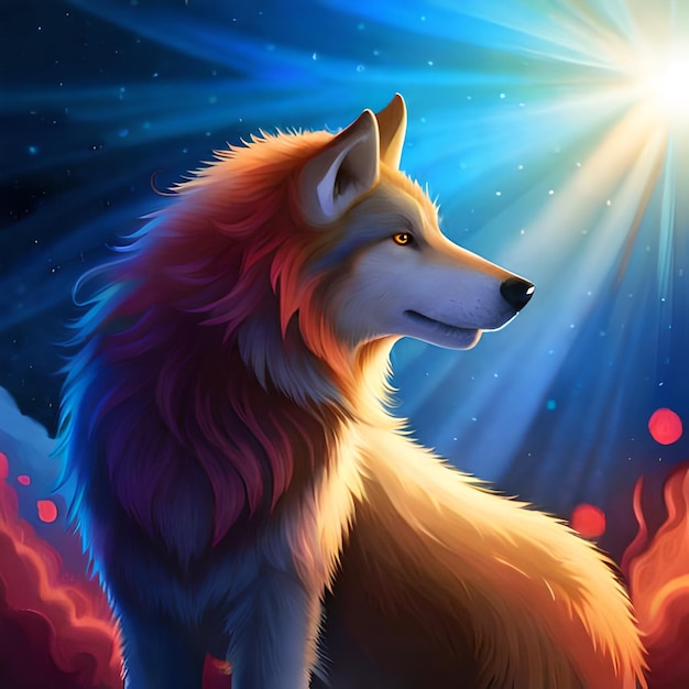 Uma pintura de um lobo com um sol brilhante ao fundo.