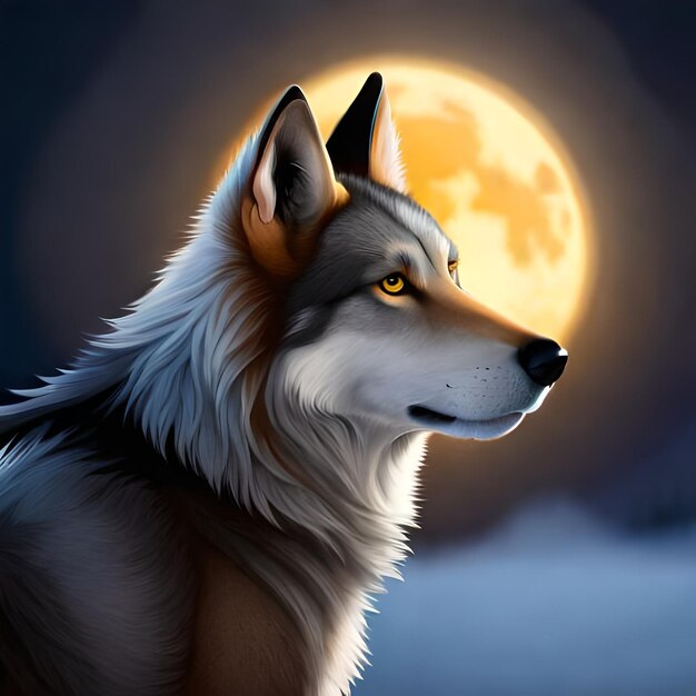 Uma pintura de um lobo com uma lua cheia ao fundo.