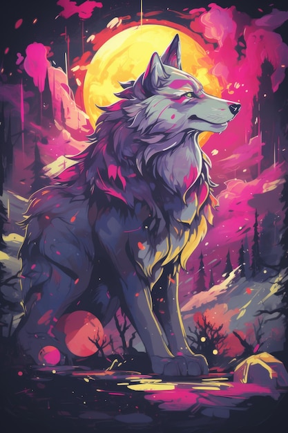 Uma pintura de um lobo na floresta