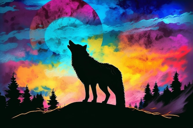 Uma pintura de um lobo uivando para a lua.