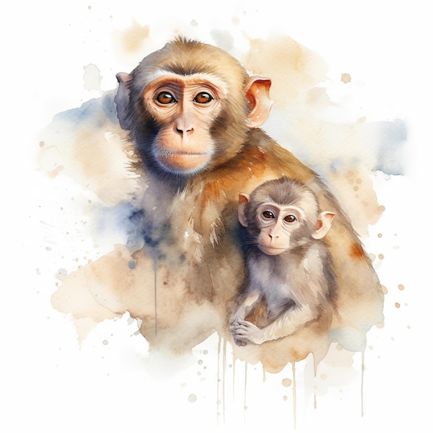 Uma pintura de um macaco e seu bebê