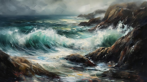 Uma pintura de um mar tempestuoso com ondas quebrando nas rochas.