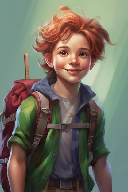 Uma pintura de um menino com uma imagem ai generativa de mochila