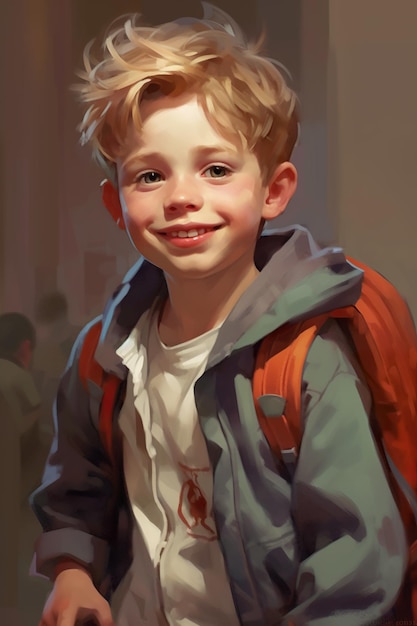 Uma pintura de um menino com uma imagem ai generativa de mochila