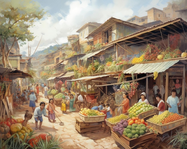 Uma pintura de um mercado com um monte de frutas