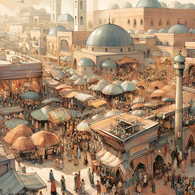 Uma pintura de um mercado com uma multidão de pessoas e um prédio com uma cúpula no topo.