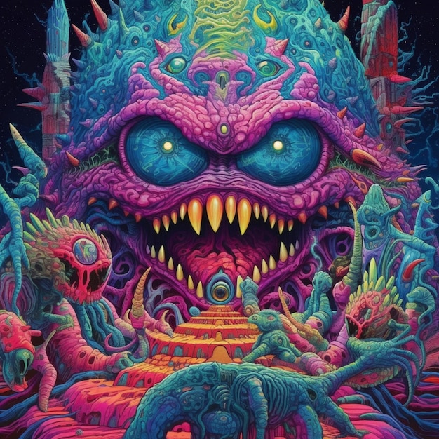 Uma pintura de um monstro com uma boca gigante e muitos outros monstros generativos ai