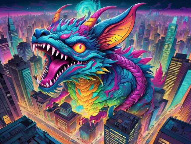 uma pintura de um monstro no meio de uma cidade hiperbesta design alebrijes estética