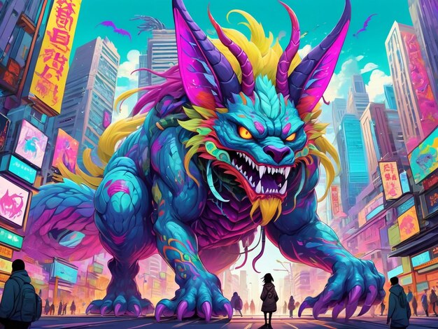 uma pintura de um monstro no meio de uma cidade hiperbesta design alebrijes estética