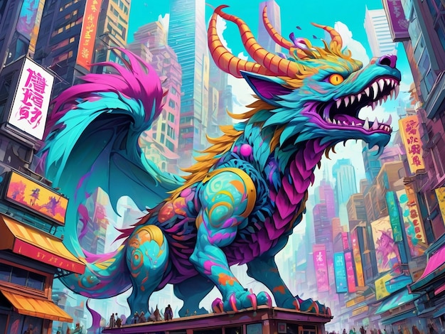 uma pintura de um monstro no meio de uma cidade hiperbesta design alebrijes estética