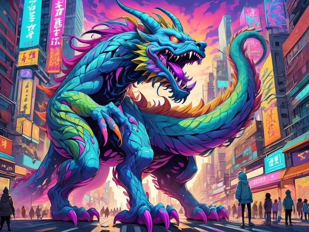 uma pintura de um monstro no meio de uma cidade hyperbeast design alebrijes estética