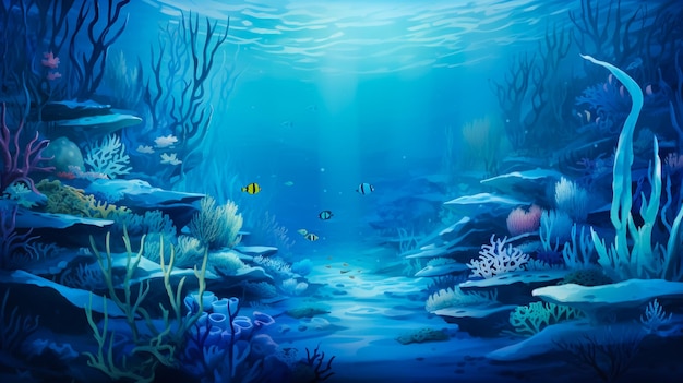 uma pintura de um mundo subaquático com peixes e cena subaquática