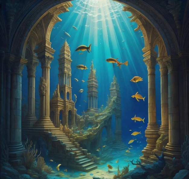 Uma pintura de um mundo subaquático com um castelo e um peixe nadando abaixo dele.