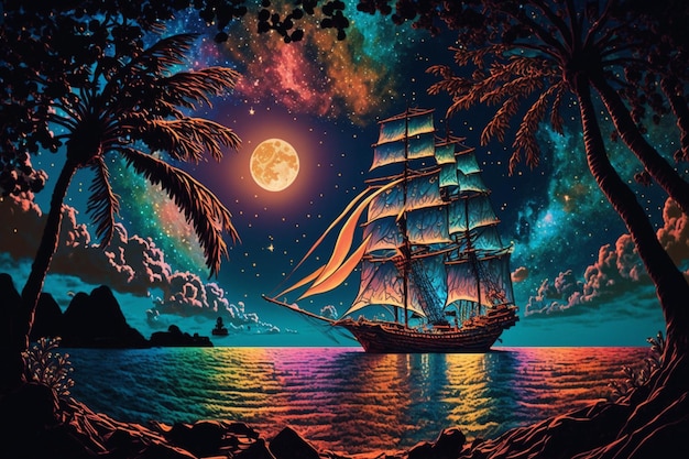 Uma pintura de um navio com a lua ao fundo