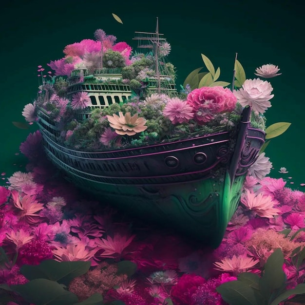 Foto uma pintura de um navio com flores nele