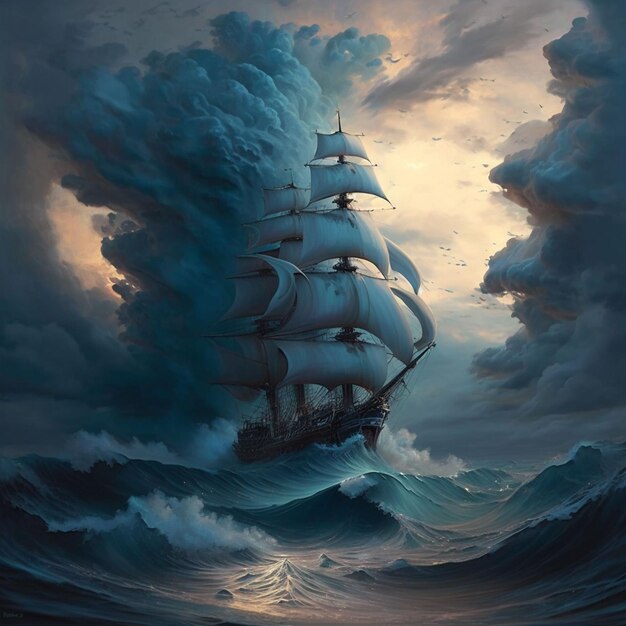 Uma pintura de um navio com um céu tempestuoso e nuvens