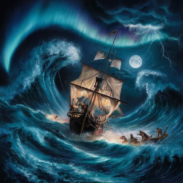 uma pintura de um navio com uma lua cheia no fundo