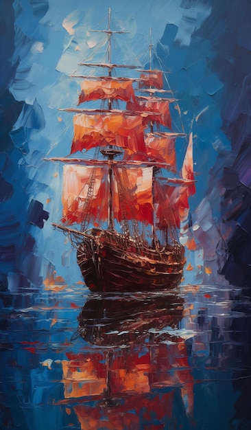 Uma pintura de um navio com velas vermelhas