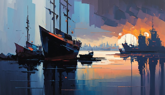 Uma pintura de um navio em um porto com uma cidade ao fundo.