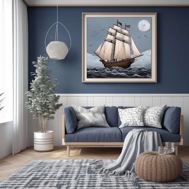 Uma pintura de um navio em uma sala de estar com uma lua na parede.