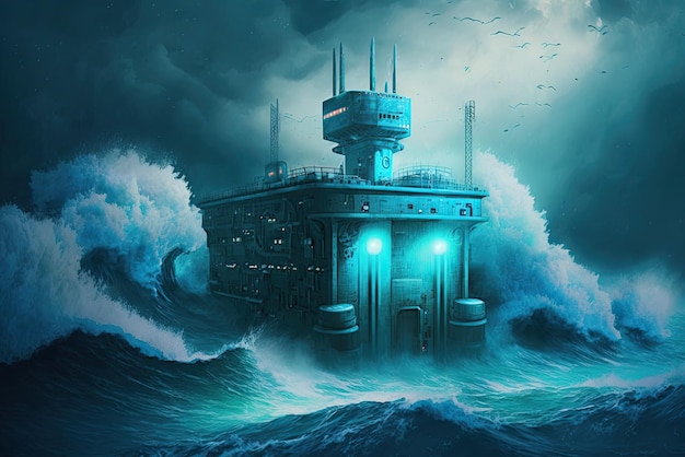 Uma pintura de um navio no oceano com as palavras "o navio" no fundo.