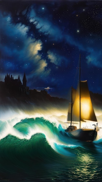 Uma pintura de um navio no oceano com um céu estrelado ao fundo.