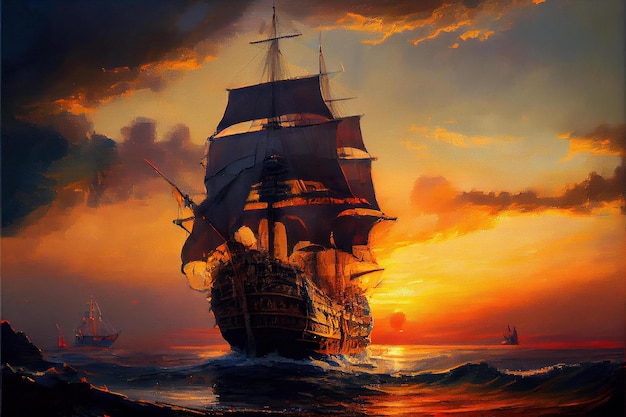 Uma pintura de um navio no oceano