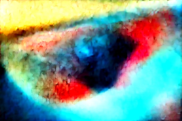 Uma pintura de um objeto azul e vermelho com um círculo vermelho no centro.