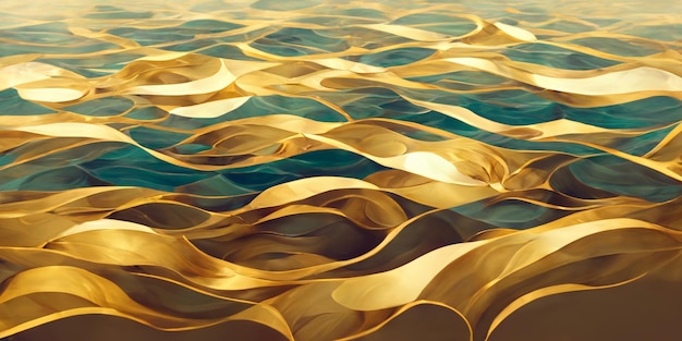 Uma pintura de um oceano dourado com ondas azuis.