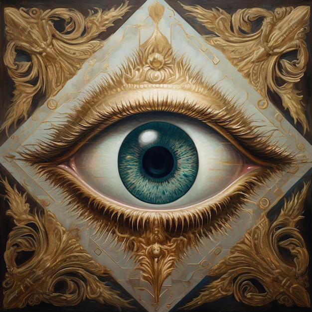 Uma pintura de um olho com folhas de ouro e um padrão de folha de ouro