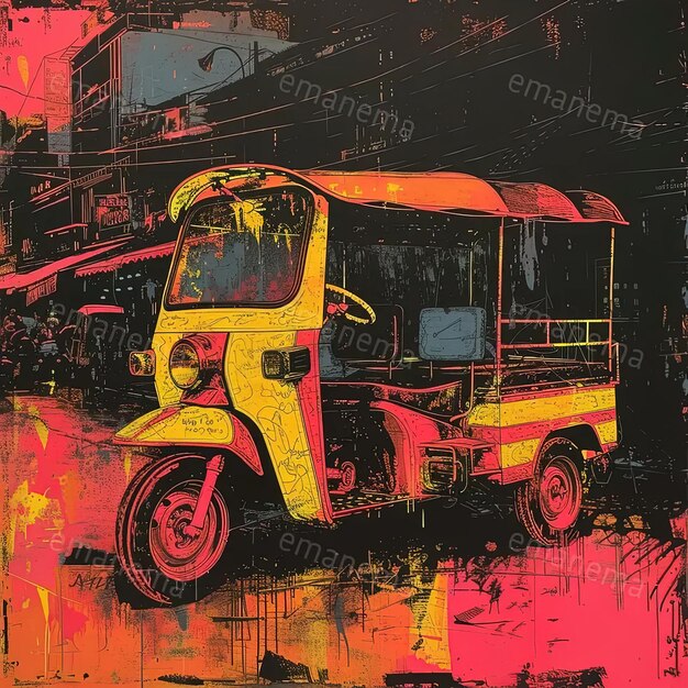 Foto uma pintura de um ônibus amarelo e vermelho