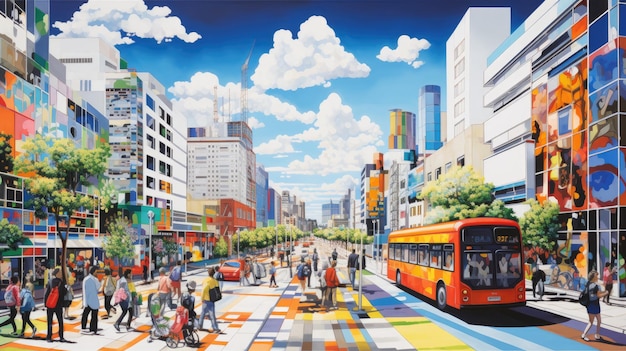 uma pintura de um ônibus e pessoas em uma rua.