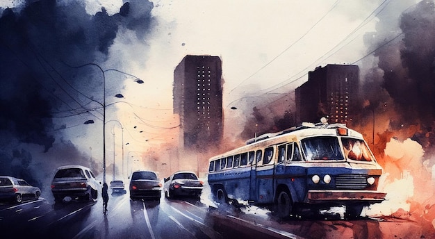 Uma pintura de um ônibus passando por uma rua movimentada com carros e prédios ao fundo.