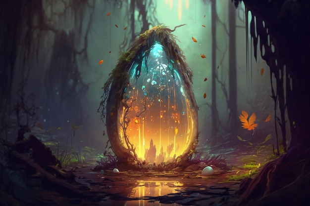 Uma pintura de um ovo de dragão com uma árvore dentro