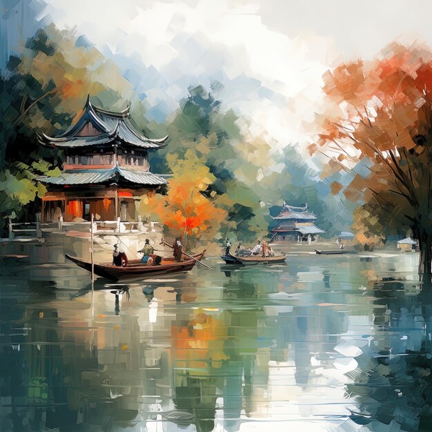 uma pintura de um pagode com um barco e pessoas nele