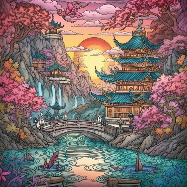 uma pintura de um pagode e uma ponte em uma floresta generativa ai