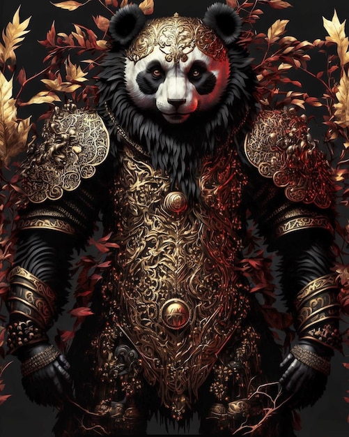 Uma pintura de um panda em armadura de ouro