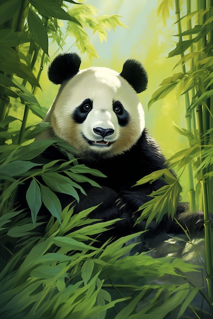 uma pintura de um panda em uma floresta de bambu