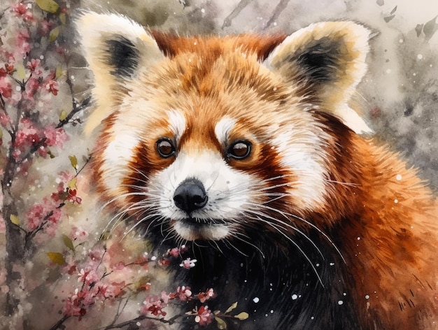 Uma pintura de um panda vermelho com flores cor de rosa