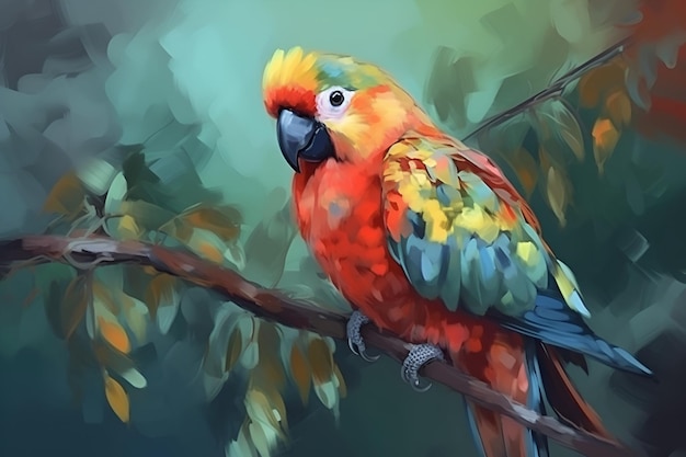 Uma pintura de um papagaio com cores vivas e fundo verde.