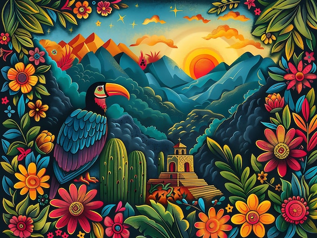 Foto uma pintura de um papagaio com uma montanha no fundo