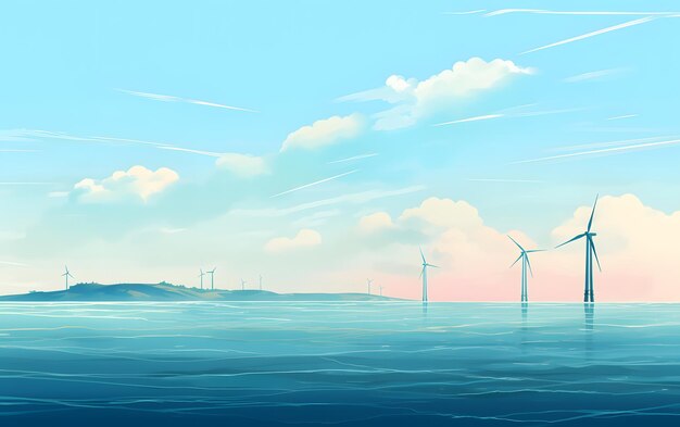 Uma pintura de um parque eólico no oceano.