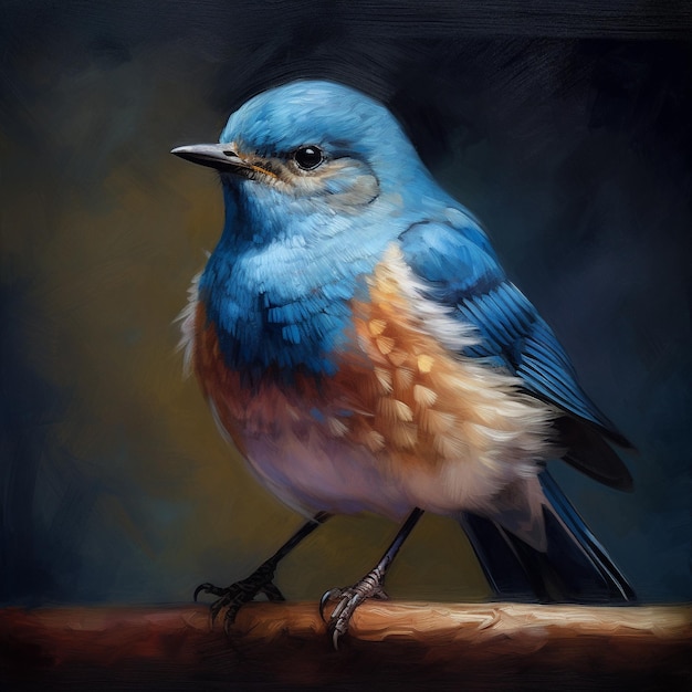 uma pintura de um pássaro azul com uma mancha amarela no peito.