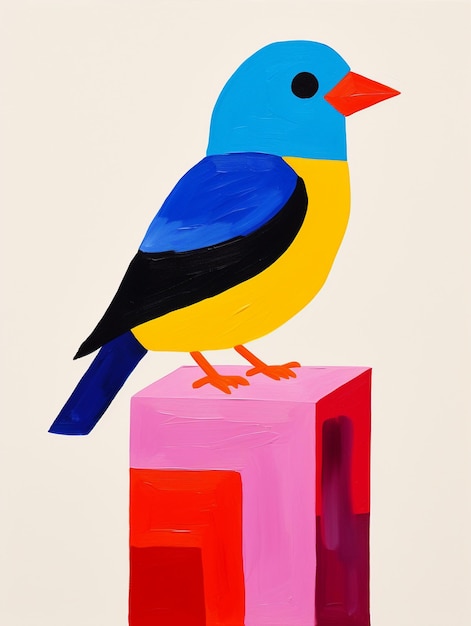 Foto uma pintura de um pássaro com bico vermelho e penas azuis e amarelas.
