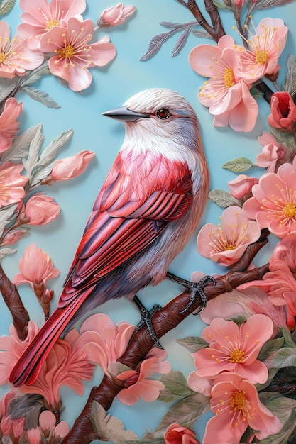 Uma pintura de um pássaro com flores cor de rosa nele