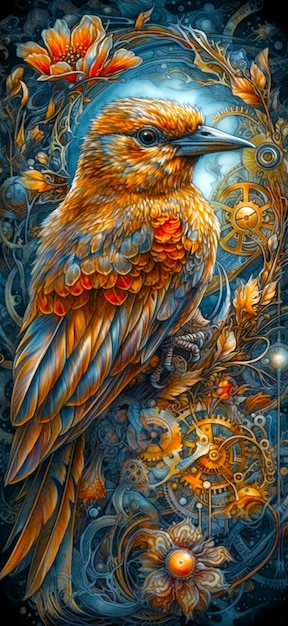 Uma pintura de um pássaro com fundo azul e penas douradas e azuis