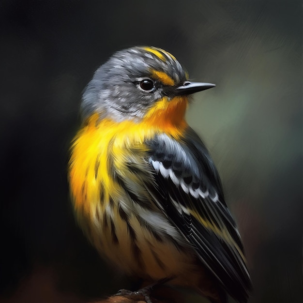 uma pintura de um pássaro com penas amarelas e laranja.